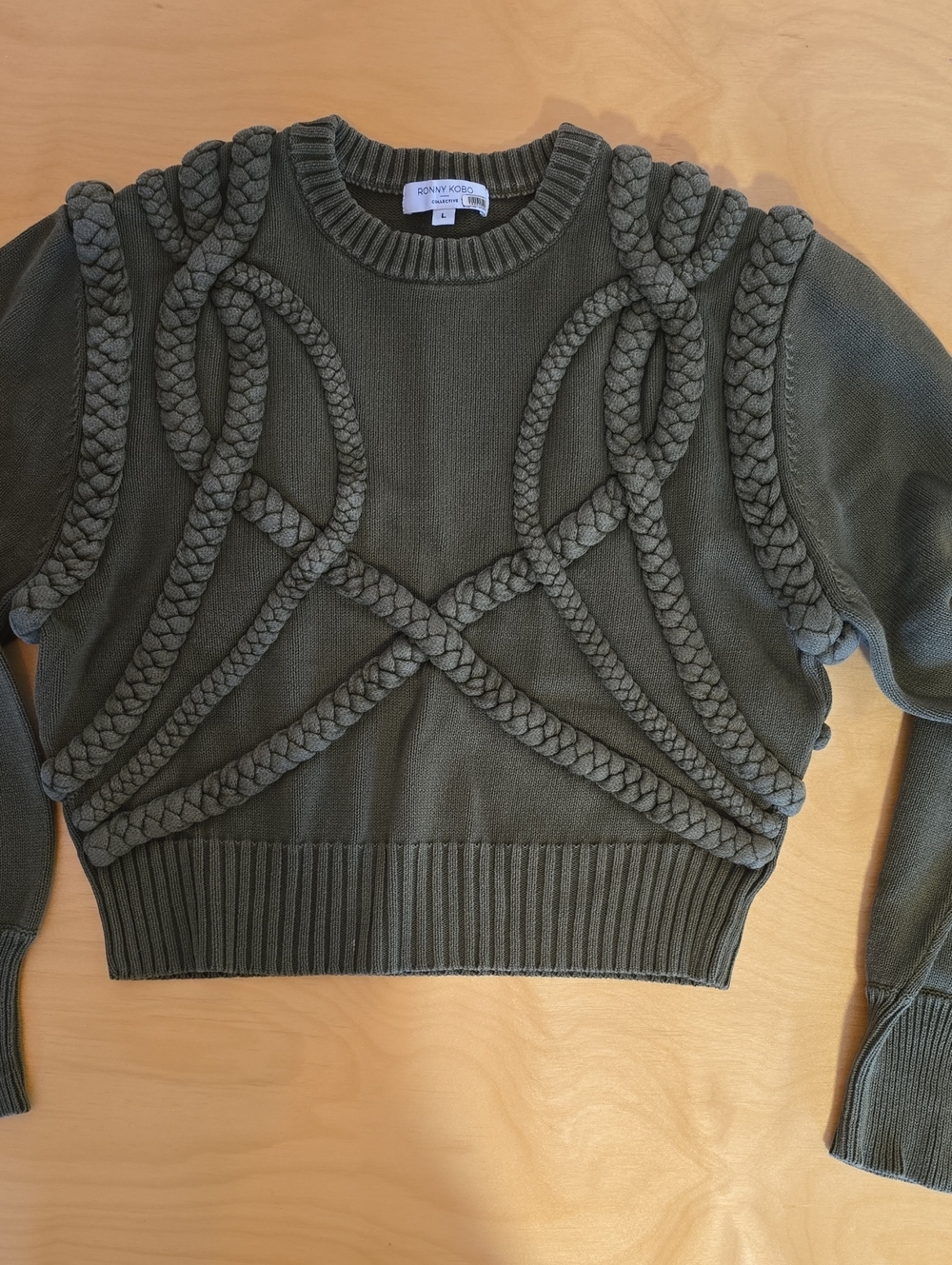 Ronny Kobo Collection Olive Braided Cable Knit Crewneck